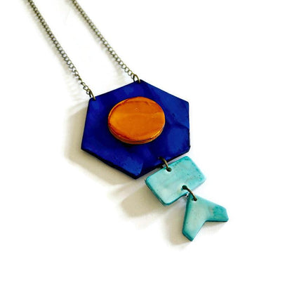 Collier pendentif géométrique unique en bleu et jaune