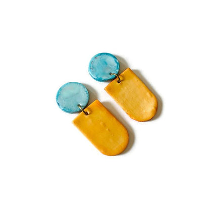 Parure de bijoux géométriques uniques bleu layette, pêche, marron et gris