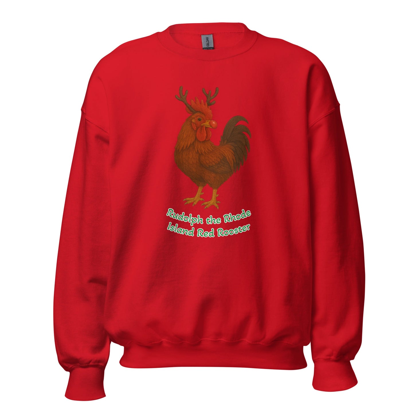 Sweat-shirt unisexe Rudolph, le coq de race Rhode Island Red, de Chickmas (mots)
