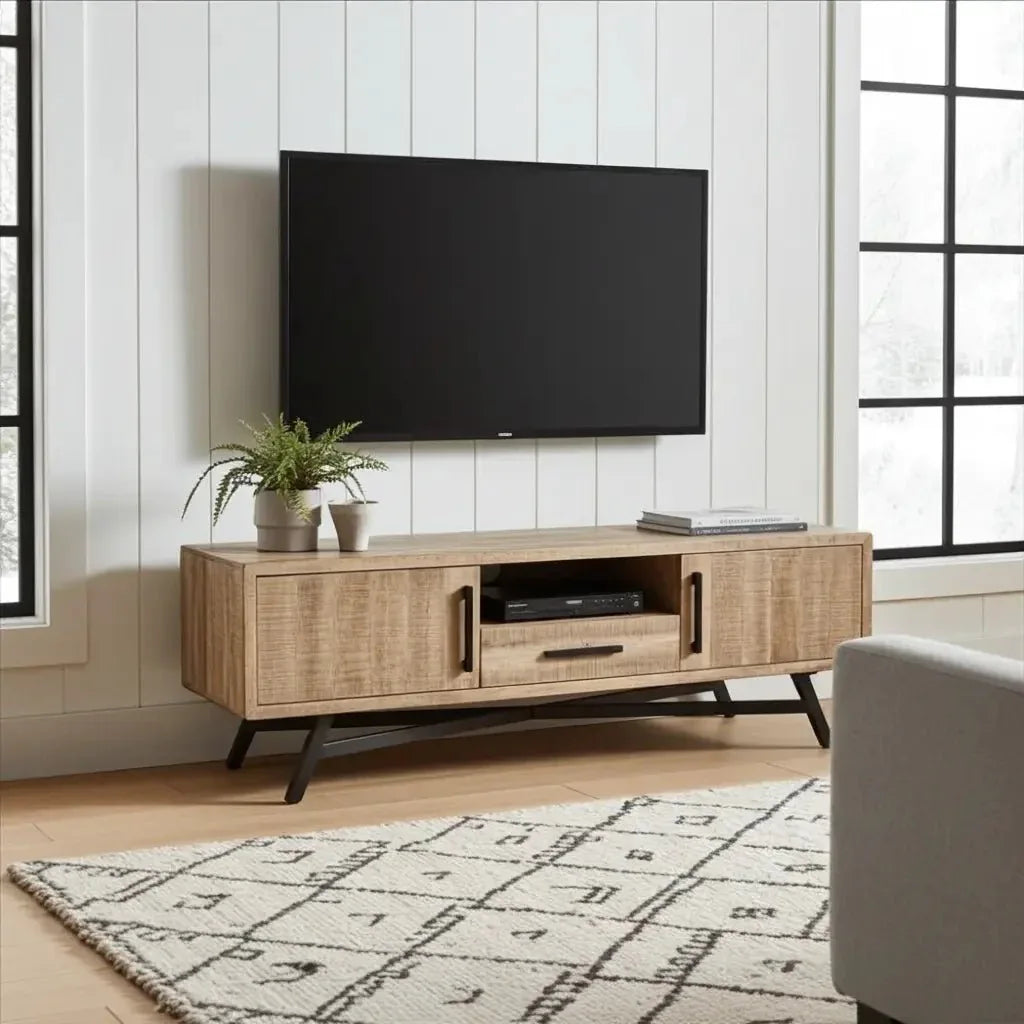 Meuble télé en bois de manguier brut sur patte en acier noir