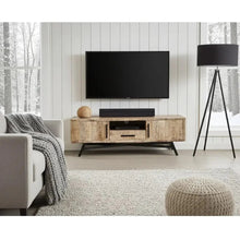 Meuble télé en bois de manguier brut sur patte en acier noir