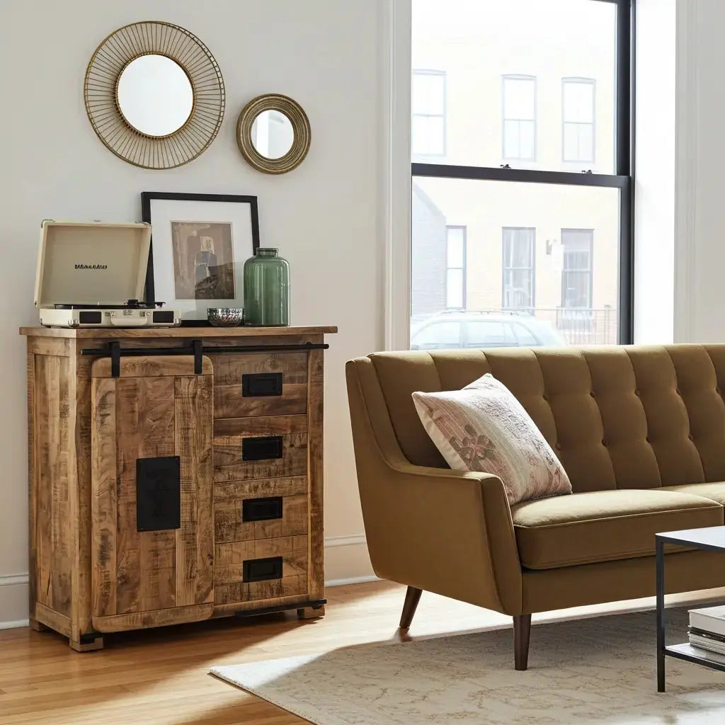 Farmhouse Wooden Mango Chest of Drawers with Sliding Door