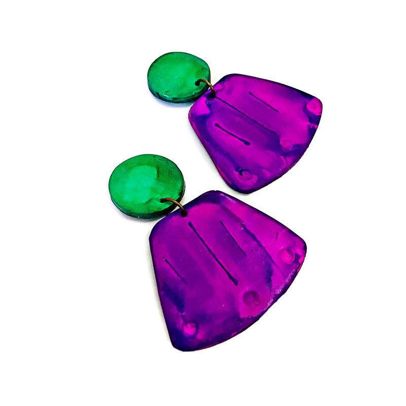 Grandes boucles d'oreilles pendantes violettes et vertes - « Janet »