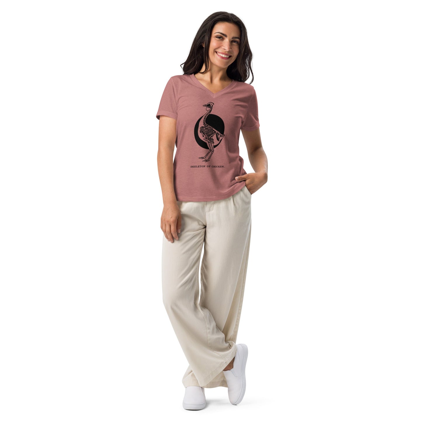 T-shirt décontracté à col en V pour femme, motif poulet squelette rétro
