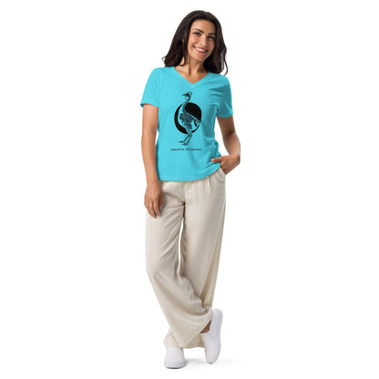 T-shirt décontracté à col en V pour femme, motif poulet squelette rétro