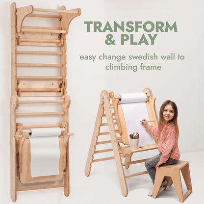 Espalier suédois en bois 7 en 1 / Échelle d'escalade pour enfants + Balançoire + Planche à glissade + Accessoire artistique