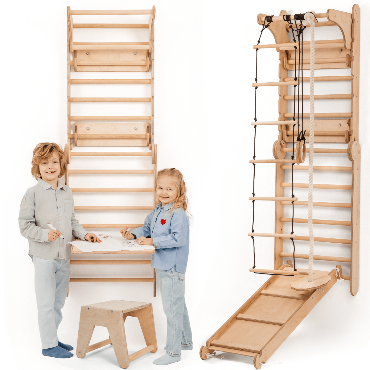 Espalier suédois en bois 7 en 1 / Échelle d'escalade pour enfants + Balançoire + Planche à glissade + Accessoire artistique