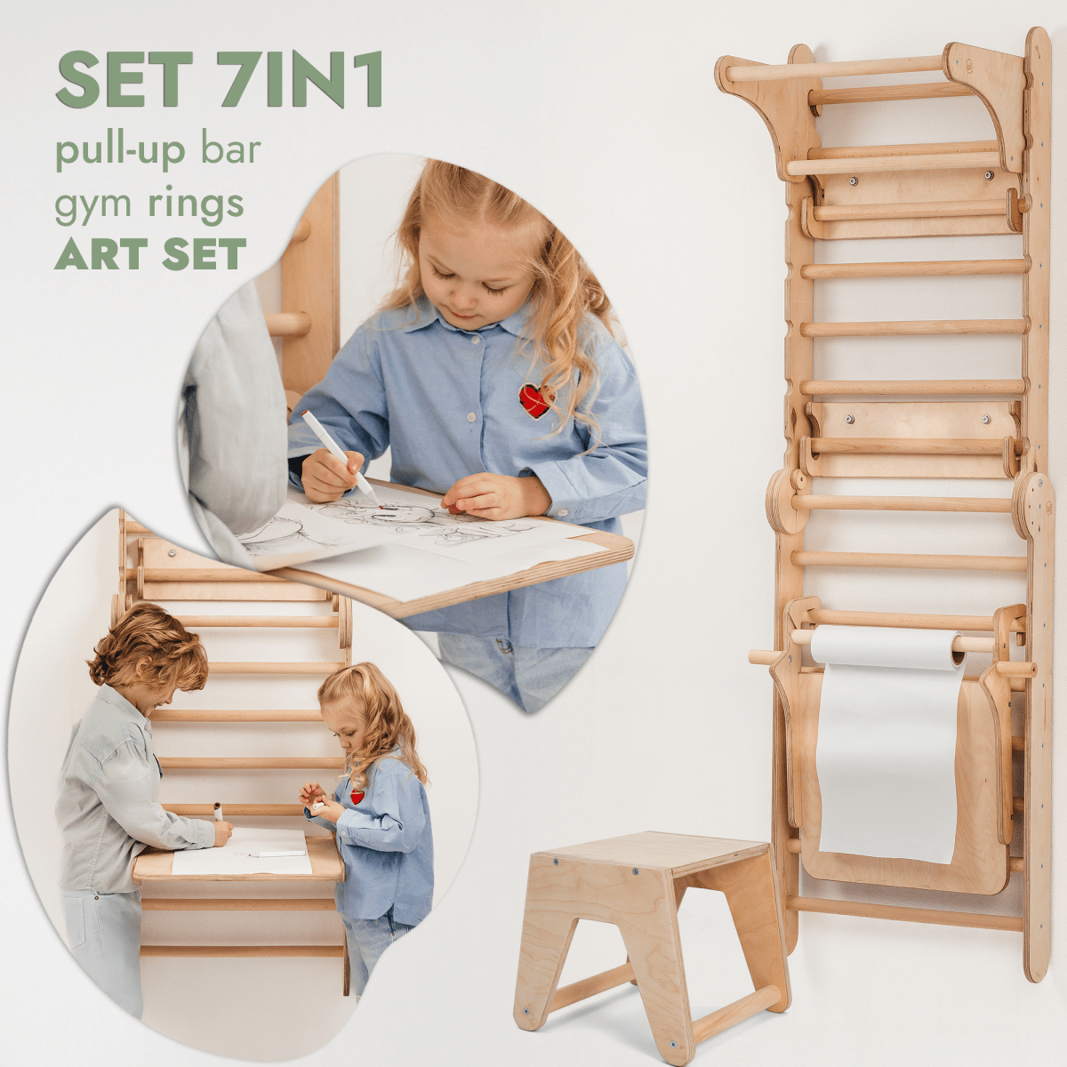 Espalier suédois en bois 7 en 1 / Échelle d'escalade pour enfants + Balançoire + Planche à glissade + Accessoire artistique