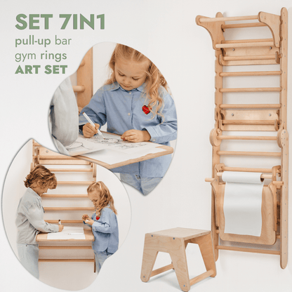 Espalier suédois en bois 7 en 1 / Échelle d'escalade pour enfants + Balançoire + Planche à glissade + Accessoire artistique