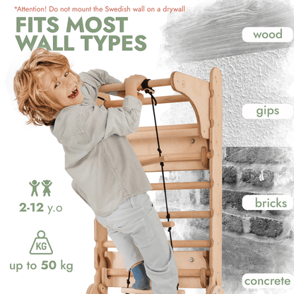 Espalier suédois en bois 7 en 1 / Échelle d'escalade pour enfants + Balançoire + Planche à glissade + Accessoire artistique