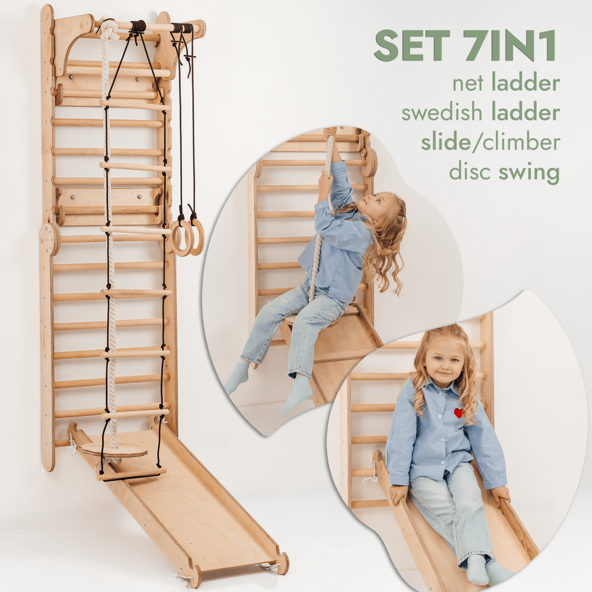 Espalier suédois en bois 7 en 1 / Échelle d'escalade pour enfants + Balançoire + Planche à glissade + Accessoire artistique