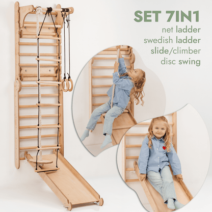 Espalier suédois en bois 7 en 1 / Échelle d'escalade pour enfants + Balançoire + Planche à glissade + Accessoire artistique