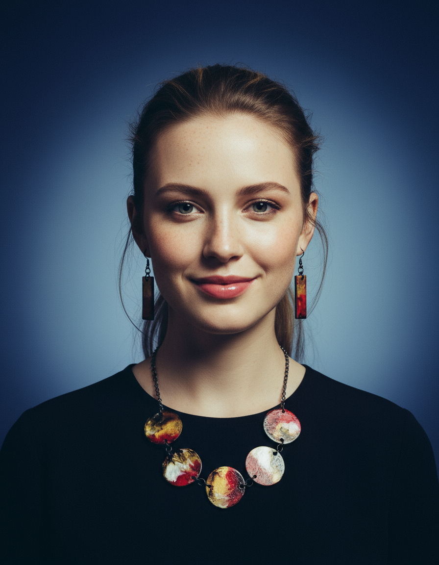 Parure Collier et Boucles d'Oreilles Rustiques à Perles, Faits à la Main en Argile et Peints à l'Encre à Alcool