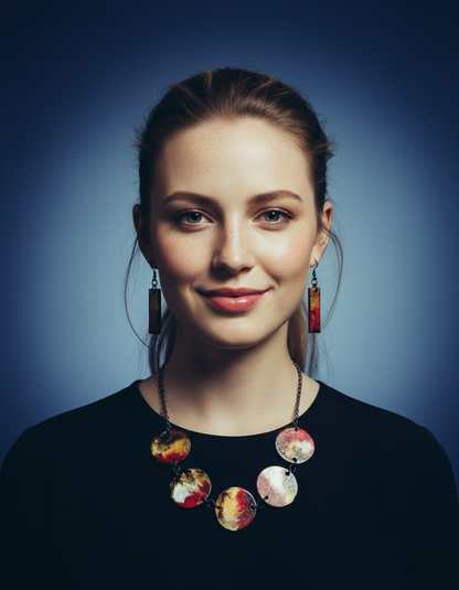 Parure Collier et Boucles d'Oreilles Rustiques à Perles, Faits à la Main en Argile et Peints à l'Encre à Alcool