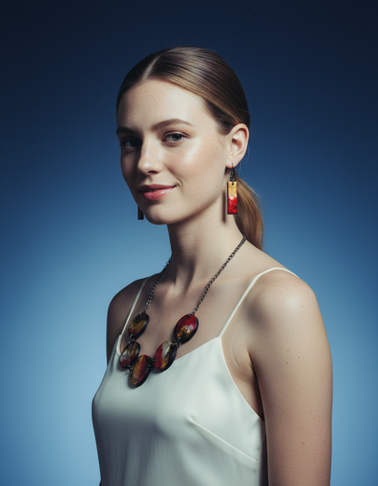 Parure Collier et Boucles d'Oreilles Rustiques à Perles, Faits à la Main en Argile et Peints à l'Encre à Alcool