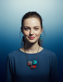 Collier plastron sculptural moderne, gris, bleu sarcelle et orange, fait main en pâte polymère