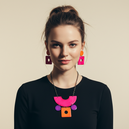 Collier plastron rétro | Collier plastron géométrique en rose fluo, violet et orange