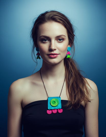 Parure collier et boucles d'oreilles abstraits néon, en pâte polymère faite à la main