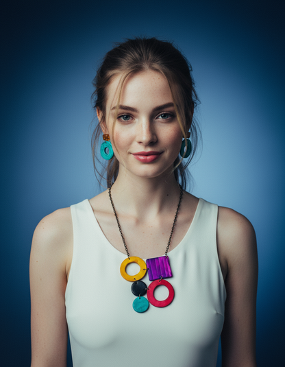 Collier géométrique coloré avec boucles d'oreilles créoles turquoise, ensemble de bijoux en pâte polymère peints à la main