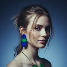 Two Tone Statement Earrings in Green Blue, Post or Clip On Handmade