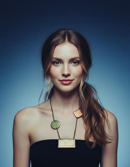 Collier plastron géométrique avec double chaîne en bronze et cuivre
