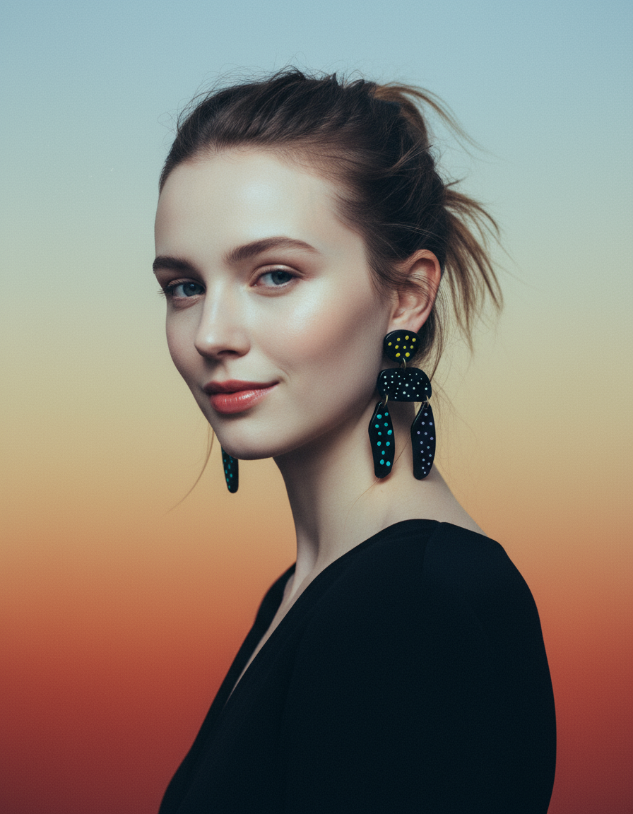 Longues boucles d'oreilles noires à pois colorés